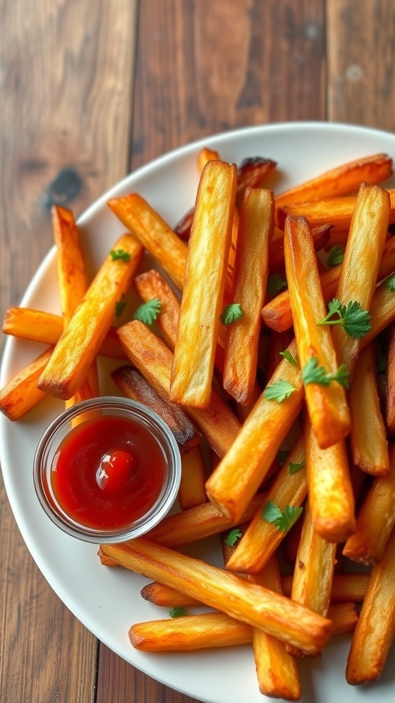 Crispy Oven French Fries Recipe A plate of crispy oven-baked French fries garnished with parsley and served with ketchup.